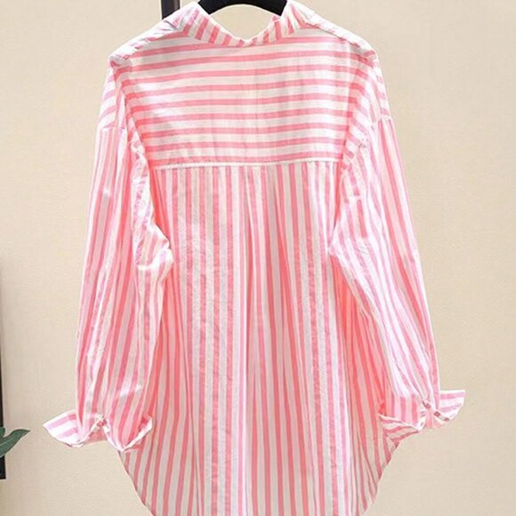 Pink Casual Women's Striped Print Long Sleeve Chest Pocket Shirt - Picture 2 of 3